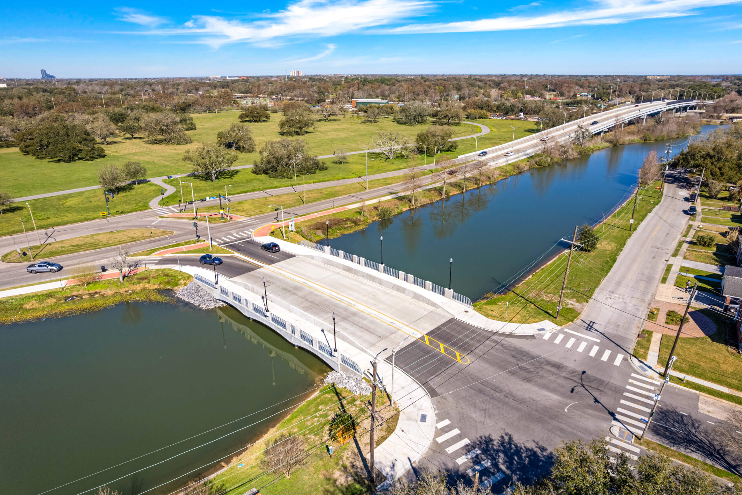 Aerial view of Desaix Bridge with adjacent highways and connecting infrastructure.