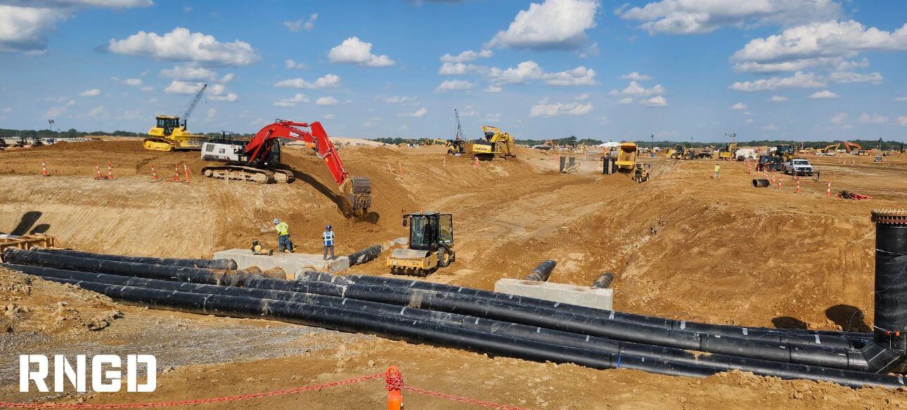 RNGD crews operating excavators during earthmoving operations at a data center project