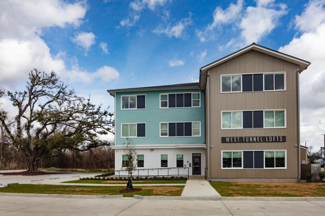 Exterior of West Tunnel Lofts resilient affordable housing development in Houma Louisiana