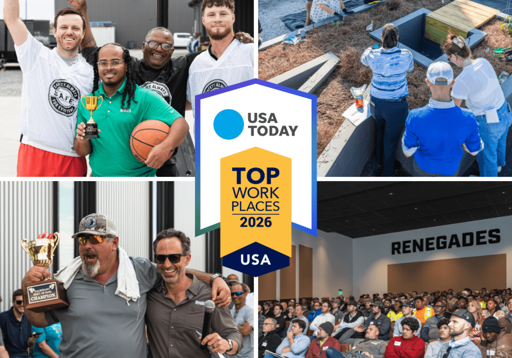 Collage of RNGD employees participating in company events, volunteer initiatives, and team gatherings surrounding a USA Today Top Workplaces 2026 award graphic.