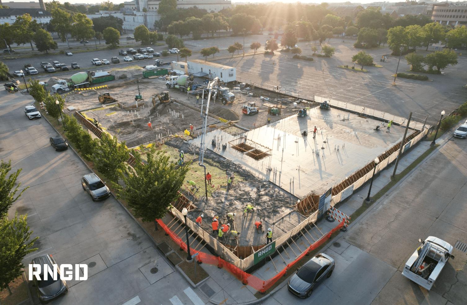Aerial view of Winn-Dixie Phase II showing concrete slab placement and active construction in Tremé